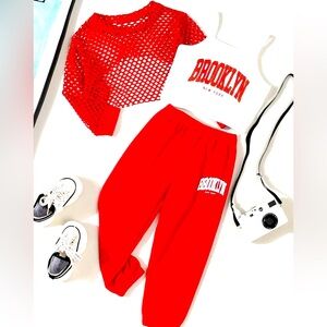 3pcs young girl  Brooklyn red plaid shirt vest sweat pants. New 7Y